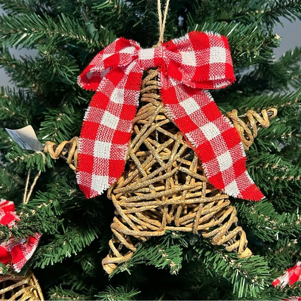 Six Large North Pole Metal & Wicker Star Ornaments Checker Bows 8.5” x 8.5” NWT